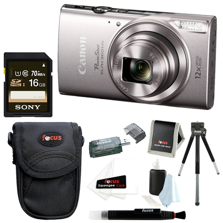 Canon PowerShot ELPH 360 HS 20.2 MP Digital Camera (Silver) + Sony 16GB Memory Card + Focus Medium Point & Shoot Camera Accessory Bundle