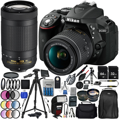Nikon D5300 with AF-P DX 18-55mm f/3.5-5.6G VR + Nikon AF-P DX 70-300mm f/4.5-6.3G ED VR 25PC Accessory Bundle - Includes 64GB & 32GB SD Memory Card + 72" Tripod + Automatic Flash w/ LED Light + MORE