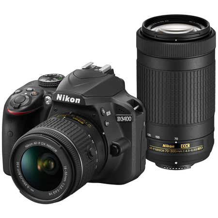Nikon D3400 Digital SLR Camera & 18-55mm VR & 70-300mm DX AF-P Lenses with 64GB Card + Case + Flash + LED Video Light + Tripod + Tele/Wide Lens Kit