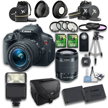 Canon EOS Rebel T5i DSLR Camera + 18-55mm IS STM Lens + Wideangle Lens + Telephoto Lens + 2 PC 32GB Memory Card + 4 PC Macro Bundle + Flash Light + Tripod + Remote Control + Case