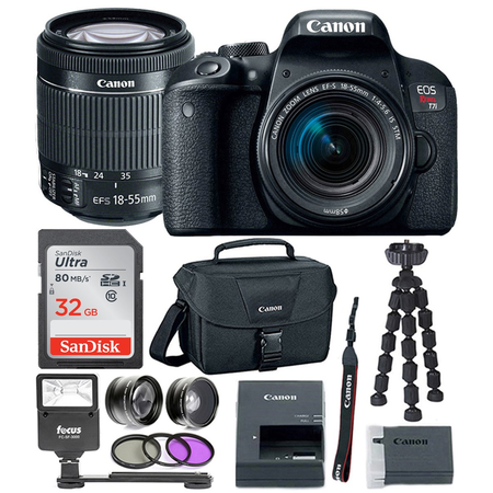 Canon EOS Rebel T7i Digital SLR Camera Bundle w/ EF-S 18-55mm f/4-5.6 IS STM lens + 58mm Wide Angle Lens + 58mm Telephoto Lens + Flash + Canon SLR Bag + 32GB SDHC Memory Card + 3pc Filter