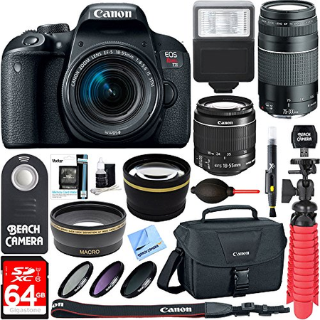 Canon EOS Rebel T7i DSLR Camera (1894C002) + 18-55mm IS STM & 75-300mm III Lens Kit + Accessory Bundle 64GB SDXC Memory + DSLR Photo Bag + Wide Angle Lens + 2x Telephoto Lens +Flash+Remote+Tripod